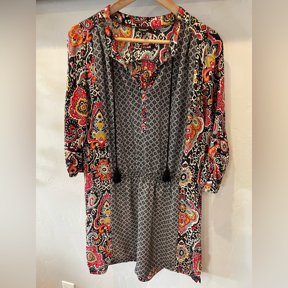 New Tolani 100% silk three-quarter sleeve colorful paisley shift dress size S - Picture 2 of 7